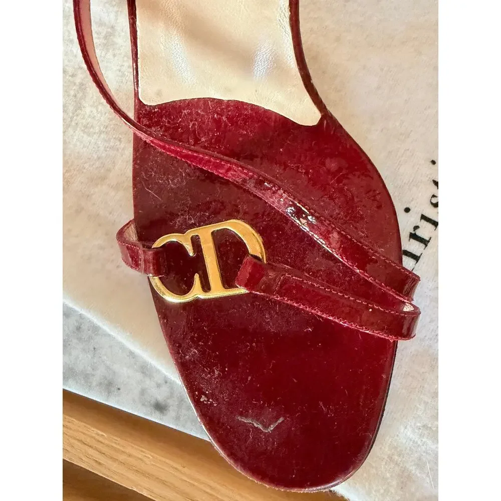 Christian Dior Burgundy Patent Leather CD Logo Ankle Strap Sandals Heels EU 38